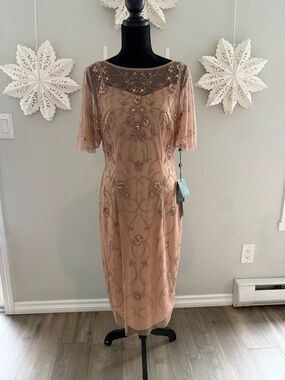 Adrianna Papell Beaded Midi Dress in Gold and Tan